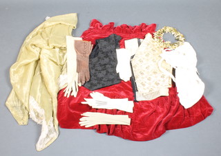 Three 19th Century fancy waistcoats, a red velvet cape by Harrods etc