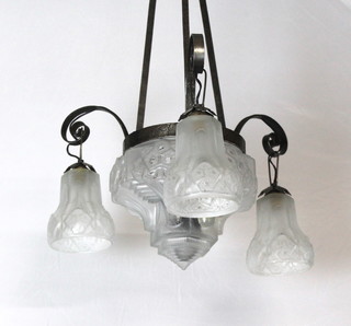 An Art Deco polished steel and opaque glass  light fitting, fitted 3 outer shades with central boss 36"h x 18"d