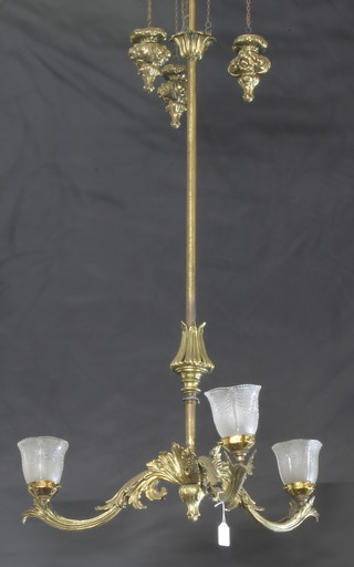 A Victorian gilt metal 3 light rise and fall electrolier with associated glass shades 26 1/2"d 
