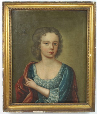 Early 19th Century oil on canvas, unsigned "Portrait of a Young Lady Wearing an Embroidered Dress and Velvet Cape" 16" x 13"