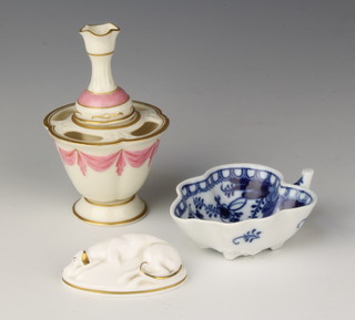 A Meissen blue and white mounded leaf sauceboat 4" a Worcester style vase 4 1/2 " and a Royal Worcester Pointer paperweight 3"