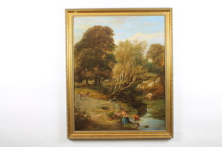 H Hawkins, oil on canvas "Gathering Watercress" a Victorian study of workers gathering watercress with sheep, donkey and dog in a woodland setting 35 1/2"x28"