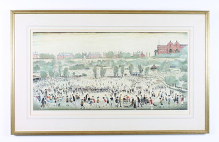 Laurence Stephen Lowry, RBA. RA (1887-1976) A coloured proof print "Peel Park, Salford" signed in pencil. Frost and Reed label en verso. 16" x 31"