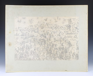 M Handford, pencil sketch, First World War battle scene with bi-planes, figures and ruined buildings, dated 1914 14/12" x 21 1/2", unframed