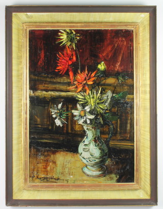 Pierre Letellier (1928-2000) oil on canvas, signed, a stylish still life of Dahlias, 28"x 19 1/2"