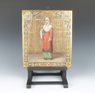 An early 20th Century Russian icon on panel, depicting Queen Helena of Constantine, the mother of Constantine the Great within a geometric border, 12"x 10 1/2"