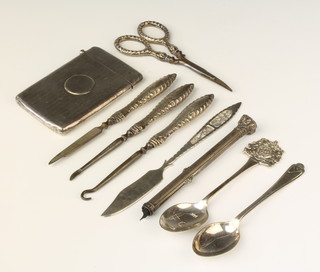 A silver card case with engine turned decoration Birmingham 1913, 2 silver spoons and minor items, weighable silver 76 grams