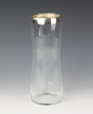 A clear glass jug with silver rim, the base inscribed Sarner Cristal 12"  