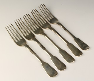 Five George IV silver table forks with chased crest, London 1818 , 376grams