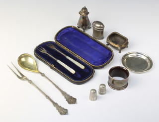 A circular silver pin tray, Sheffield 1936, minor condiments etc, weighable silver 122 grams