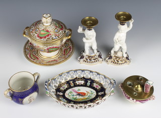 A pair of 19th Century Copeland porcelain candlesticks of seated cherubs raised on triform bases 8", a 19th Century earthenware dish decorated fabulous birds 8", a 19th Century Derby twin handled sauce tureen and stand 6"h, a Sevres style twin handled bowl decorated a portrait 8"h, a porcelain inkwell incorporating a seal 4"h