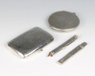 A silver chased cigarette case, Birmingham 1919, ditto compact and 2 pencils