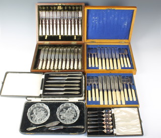 Five cased sets of plated cutlery