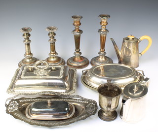 A plated pierced basket, 2 pairs of plated candlesticks and minor plated items