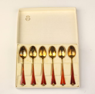 A cased set of 5 David Andersen silver gilt enamelled coffee spoons and one similar