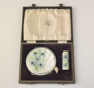 A cased silver and guilloche enamel lipstick holder and compact, Birmingham 1960