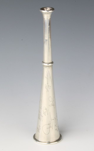 A novelty sterling silver presentation  hunting horn inscribed with signatures and Bangkok Dec 1934 - April 1963 137 grms 9"