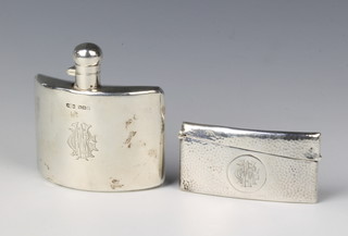 A silver hip flask with chased monogram, Sheffield 1916, a silver card case, Chester 1909, 144 grams
