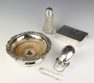 A plated novelty ovoid flask, a sandwich box and coaster