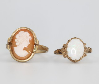 A 9ct yellow gold cameo ring size O, a do. opal set ring size J 1/2