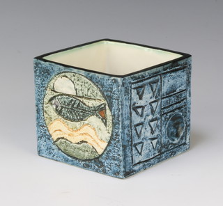 A Troika square vase decorated with a fish and geometric motifs by Jane Fitzgerald, 3 1/4"h