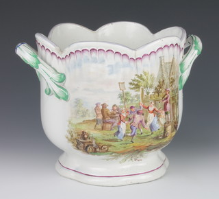A 20th Century Meissen porcelain 2 handled jardiniere decorated with cavorting figures outside a country house 9" 