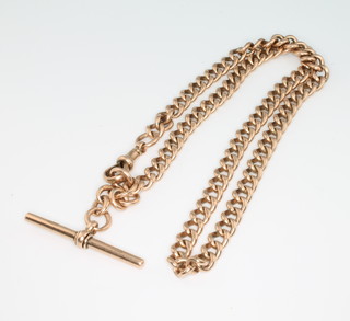A 9ct yellow gold Albert chain with T bar and clasp, 46 grams