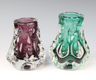 Two green and purple Art Glass vases