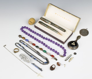 An amethyst bead necklace, minor costume jewellery and silverware