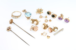 Two gold tie pins, a ditto pendant and minor earrings 