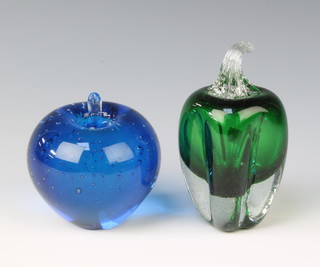 An Art glass paperweight in the form of a green pepper 4 1/2" together with a Whitefriars  blue apple paperweight, designed by Ray Anneberg (PAT9891) 1980 3"h