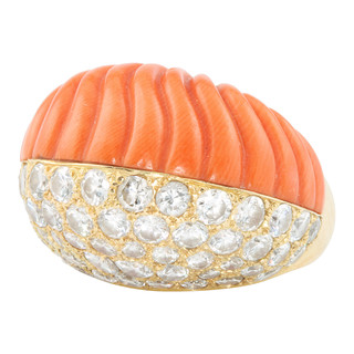 Cartier, a fine 18ct yellow gold carved coral and brilliant cut diamond dress ring, No 03/1776, size I 1/2