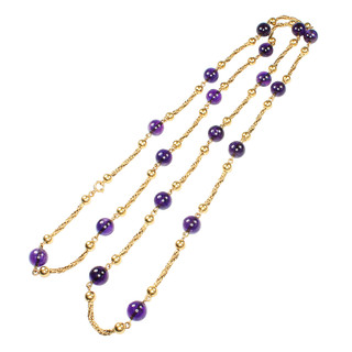 A good 18ct yellow gold fancy link necklace interspersed with 18 amethyst beads, makers mark Be 42"