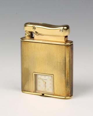 An Art Deco gold plated Calibri gas cigarette lighter with watch, 50mm x 40mm