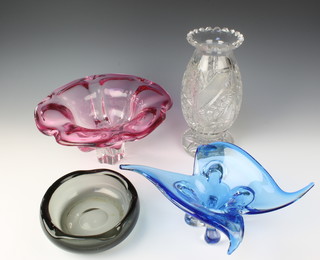 A pink Art glass bowl 12"d, a Whitefriars smoky glass bowl 7"d, a blue shaped Art glass bowl 14" d and a cut glass vase 11"