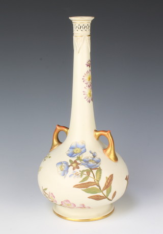 A Royal Worcester porcelain vase with reticulated lip decorated with flowers and gilding No 943, 13"h