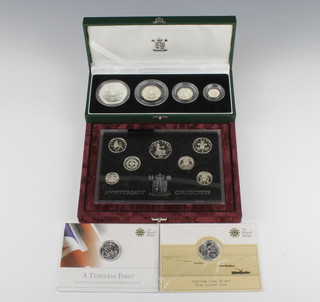 A United Kingdom Britannia silver proof collection 1997, boxed, a ditto Anniversary collection and two commemorative crowns, 138 grams