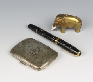A novelty brass vesta in the form of an elephant 2 1/2", a silver cigarette case and a Conway Stuart No 58 black marble fountain pen