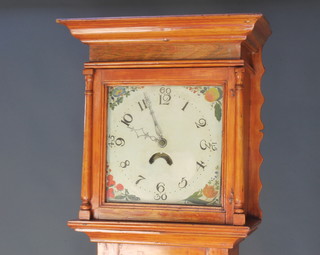 An 18th Century 30 hour longcase clock with birdcage movement and striking on a bell, the 11" square painted dial decorated fruit and flowers to the spandrel and with vacant calendar aperture, contained in a pine and oak case 76", complete with pendulum and weights