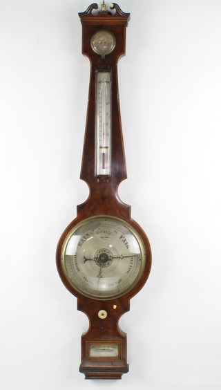 V Albinoe, a 19th Century mercury wheel barometer and thermometer with damp/dry indicator, silvered dial and spirit level,marked V Albinoe Northleach Warranted contained in an inlaid mahogany case