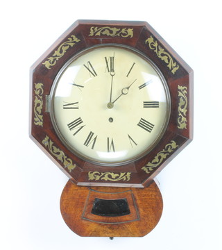 A 19th Century Continental drop dial wall clock with 9 1/2" white painted dial with roman numerals contained in an octagonal inlaid rosewood case 