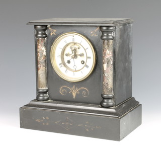 A 19th Century 8 day timepiece with visible escapement, porcelain dial and Roman numerals contained in a black marble architectural case 
