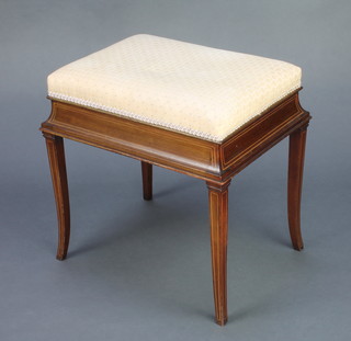 An Edwardian inlaid mahogany box seat piano stool of rectangular waisted form raised on outswept tapered supports 20"h x 21"w x 16"d 