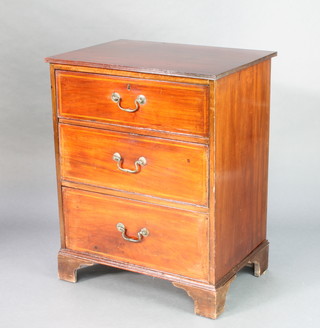A 19th Century mahogany chest fitted 3 long drawers with satinwood and ebony stringing, brass swan neck drop handles and raised on bracket feet 33"h x 26 1/2"w x 19 1/2"d