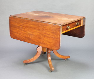 A 19th Century bleached mahogany pedestal Pembroke table fitted a drawer, raised on a turned column and tripod supports 28"h x 35 1/2"l x 23"d, when open 49"
