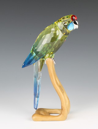 A coloured Swarovski figure "Green Rosella" No 901601/9600000085, designed by Heinz Tabbersham, raised on a wooden base 8 1/2", contained in a fitted case