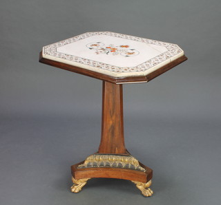 A Regency lozenge shaped table, the top inlaid specimen marble raised on a rosewood chamfered column and triform base with gilt paw feet, the top signed Ummul Luteef 1822, 29"h x 24"w x 21" deep