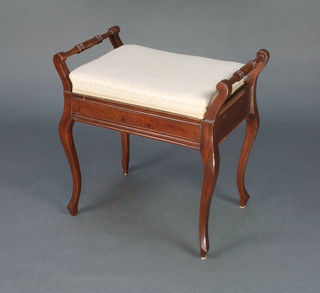 An Edwardian mahogany box seat piano stool raised on cabriole supports 21"h x 31 1/2"w x 30"d