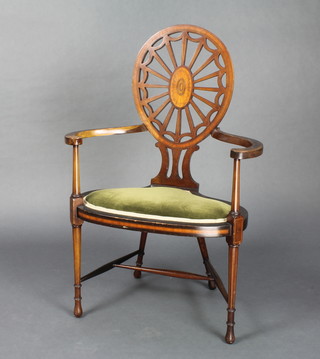 An inlaid mahogany open arm chair with low fan shaped back raised on turned supports with H frame stretcher