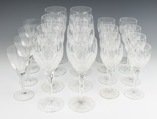 A set of 8 cut glass red wine glasses, a set of 8 cut glass sherry glasses together with 4 Georgian style glasses with air twist stems 